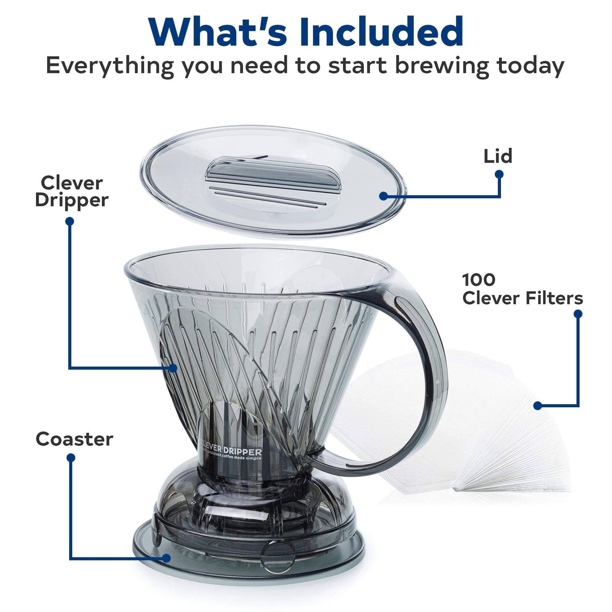 Clever Coffee Dripper and Filters, Large 18 oz - Clear Gray Sable Brew