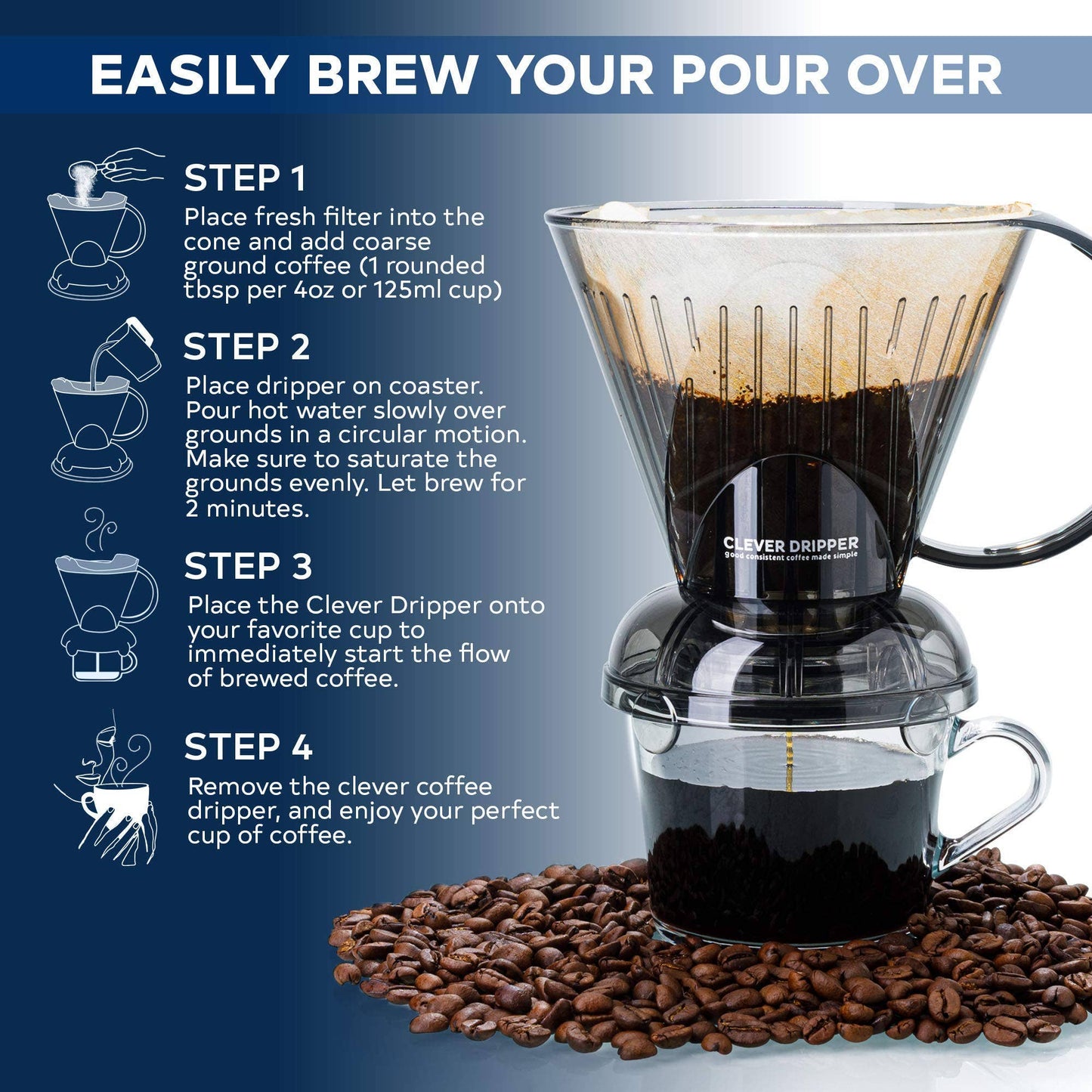 Clever Coffee Dripper and Filters, Large 18 oz - Clear Gray Sable Brew